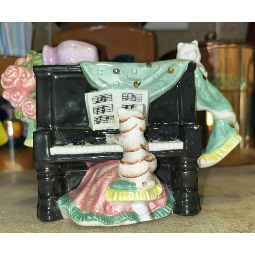 Karen Hahn Enesco Taiwan Vintage Cats On Piano Planter‎ Ceramic 1994